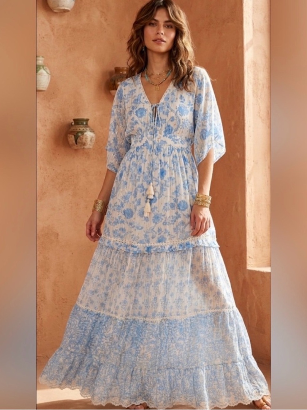 Hemant & Nandita Caleb Maxi Dress Blue White Dolman Sleeves Tiered Maxi Dress